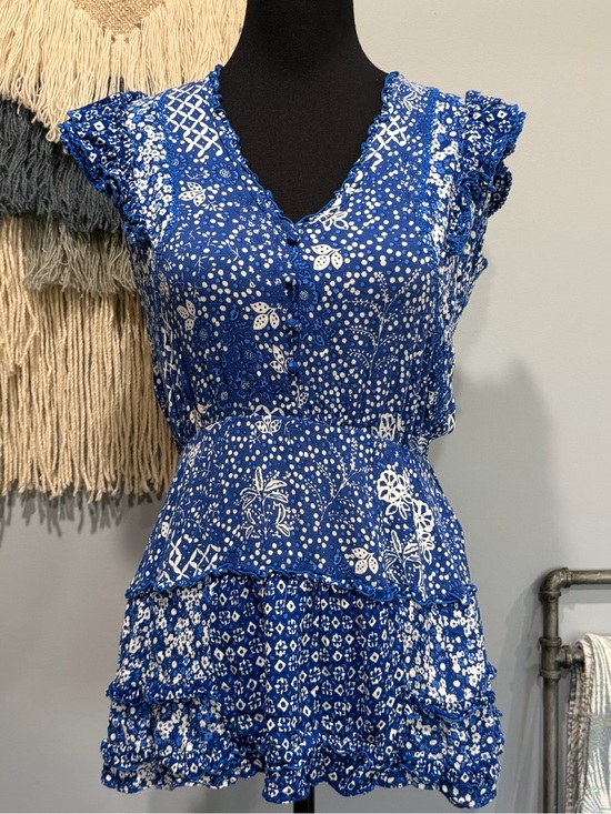 Poupette St. Barth Dresses & Skirts - Poupette St. Barth Blue Floral Ruffle Mini Dress Cover-Up White Print XS Resort